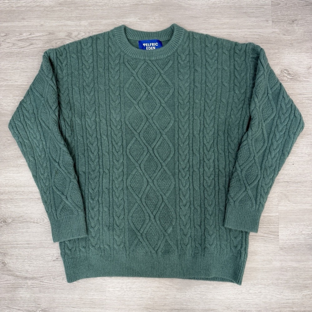 Aelfric Eden Sweater Mens Small Green Cable Knit Crewneck Pullover Chunky